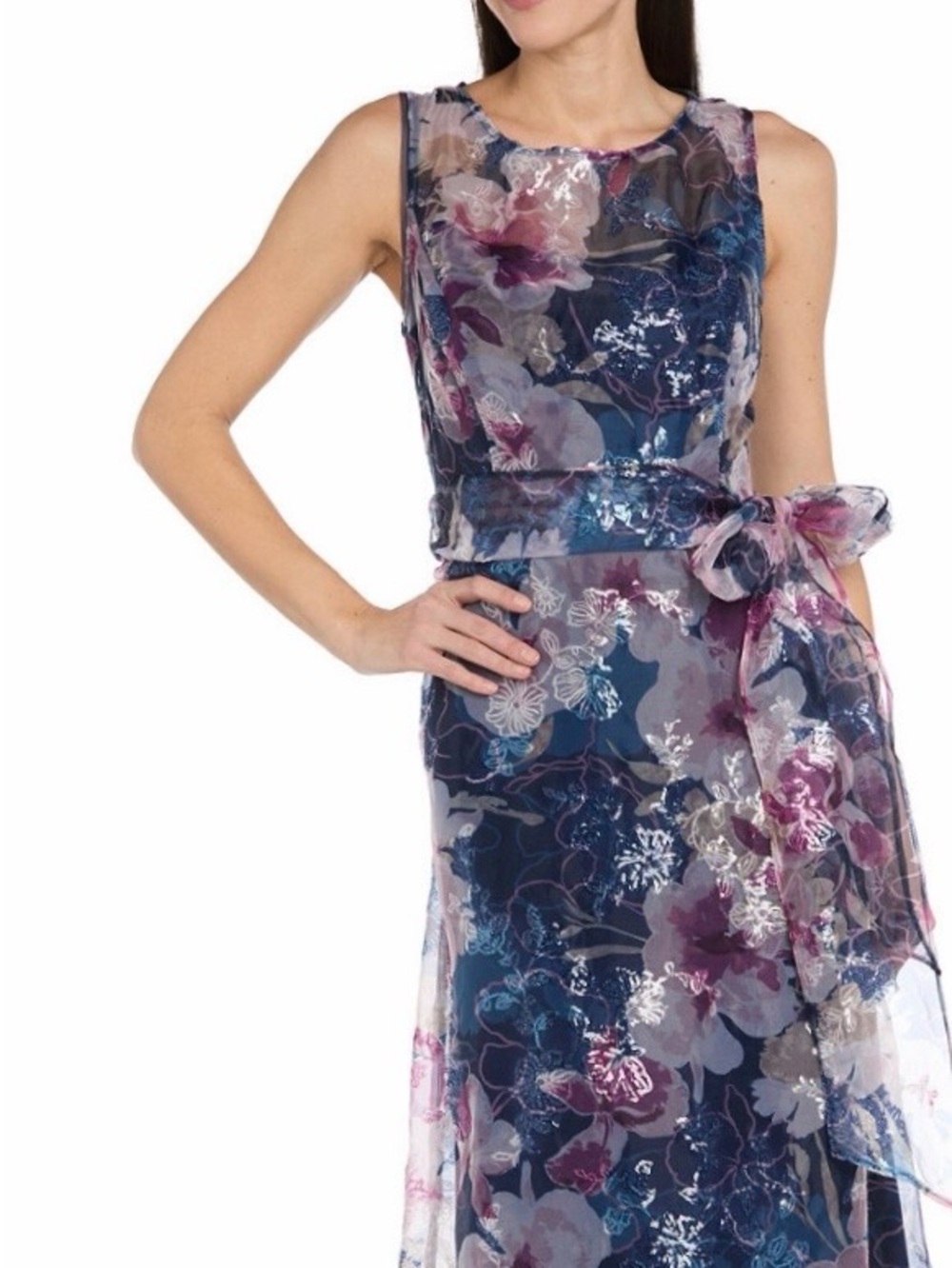 Navy and Purple Floral Sheath Dress with Self Tie